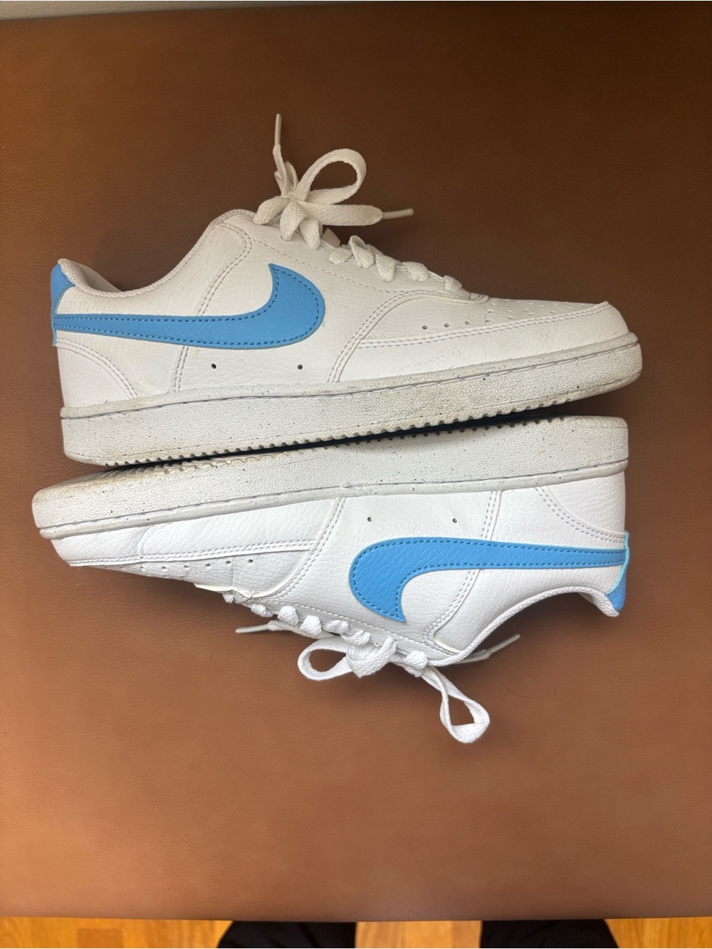 Nike Women’s White Sneakers with Blue Swoosh and Neon Yellow Insoles